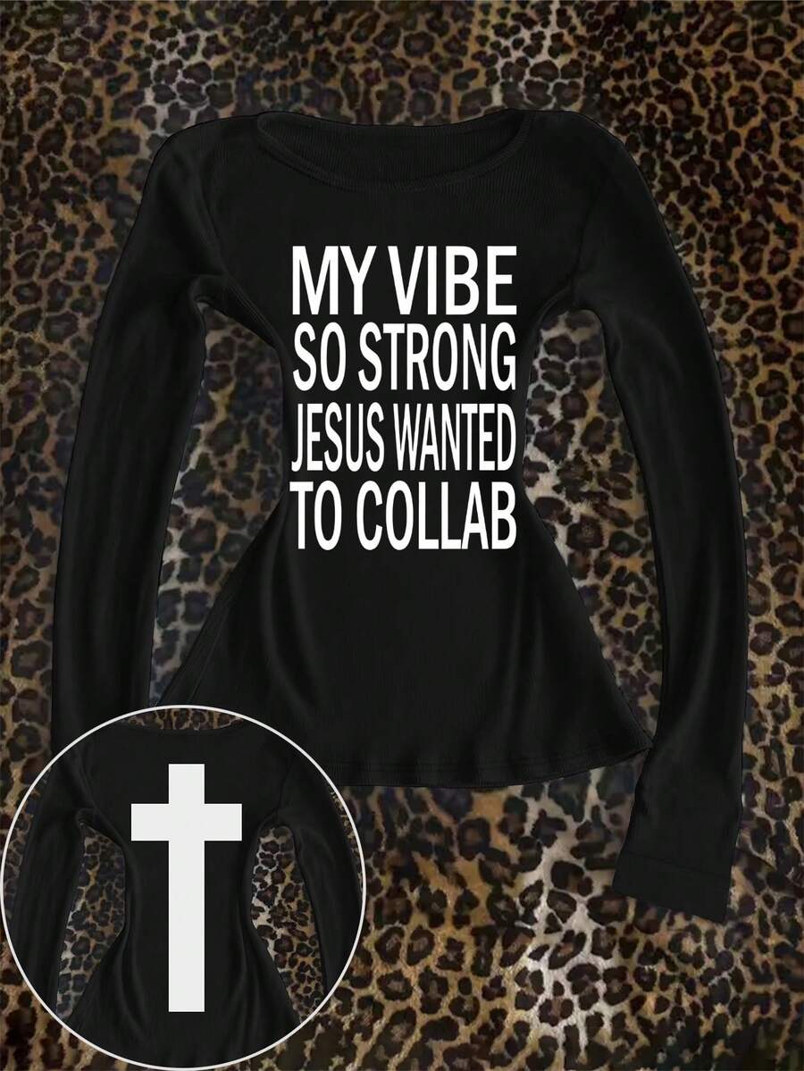 Glimmora 女士休闲标语印花圆领长袖T恤