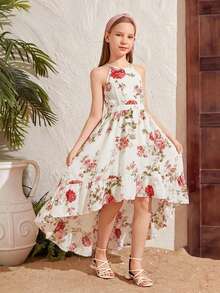 SHEIN Serisse Kids Tween Girl Backless Floral Print Sleeveless Vacation Dress - Beige - View 3