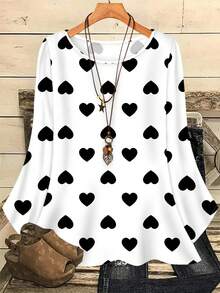 EMERY ROSE 大码女式浪漫休闲黑白爱心印花宽松七分袖衬衫，情人节爱心衬衫，情人节礼物 - 黑與白 - 查看 1
