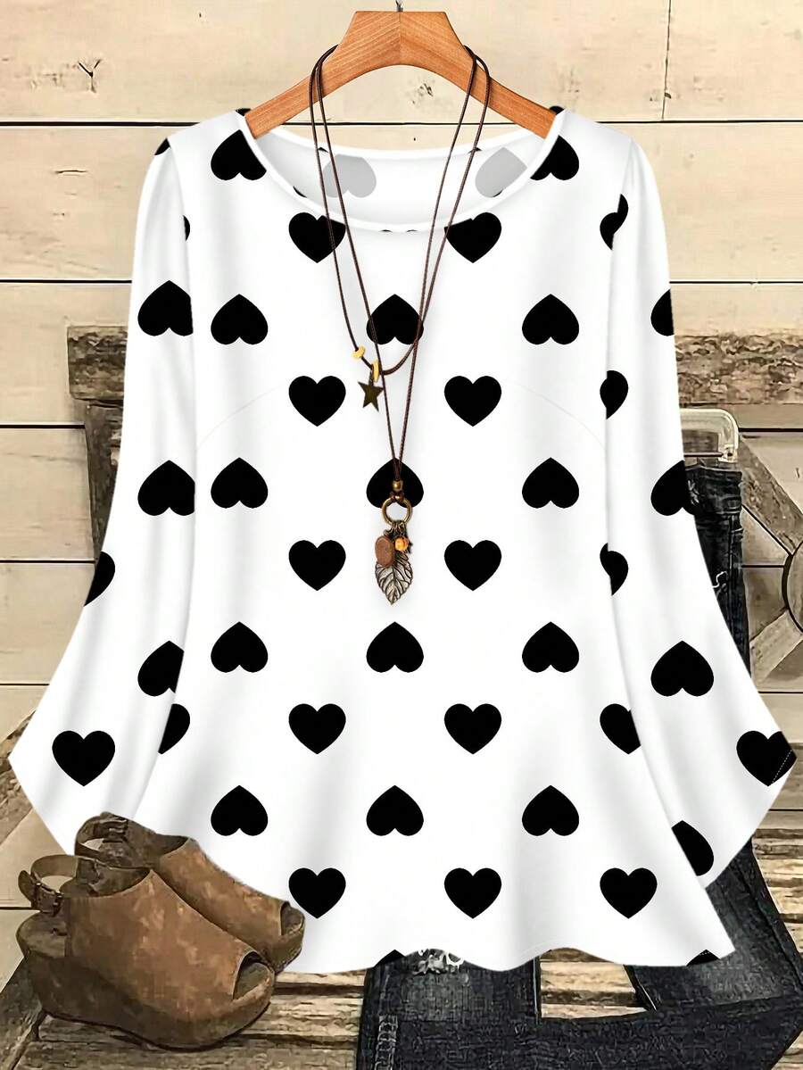 EMERY ROSE 大码女式浪漫休闲黑白爱心印花宽松七分袖衬衫，情人节爱心衬衫，情人节礼物 - 黑與白 - 查看 1