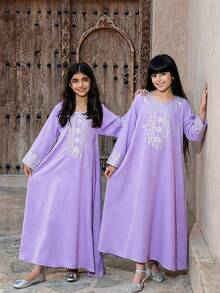 SHEIN Loose Elegant Luxurious Comfortable Round Neck Retro Pattern Long Sleeve Dress, Teen Girl - Mauve Purple - View 2