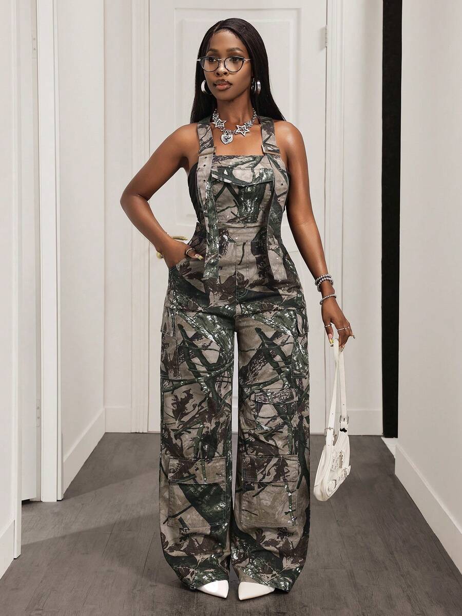 Slaydiva Women's Fashion Tree Branch Print Denim Bib Pants - Light Grey - View 1