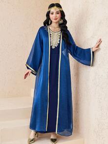 SHEIN Teen Girl Blue Elegant Luxury Long Dress With Gold Ribbon Mesh Cardigan 2 Pieces Set - Blue - View 5