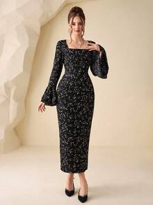 Modelyn Đầm midi nữ màu đen dệt kim in kỹ thuật số, tay loe, ôm eo, kiểu dáng thanh lịch, thích hợp cho mùa xuân/hè. - màu đen - Xem 7