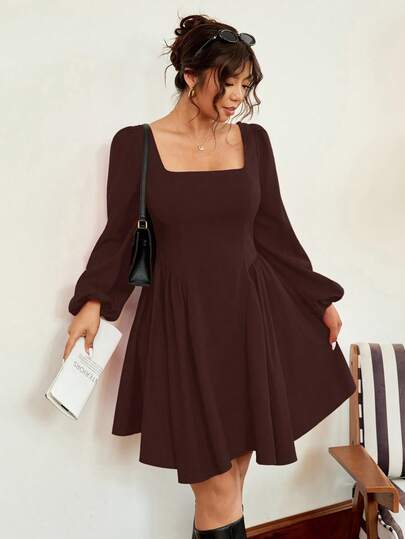 Vionelle 加大码女士圣诞红色方领灯笼袖收腰蝴蝶结喇叭下摆短裙，修身剪裁，适合派对、新年、鸡尾酒会等场合