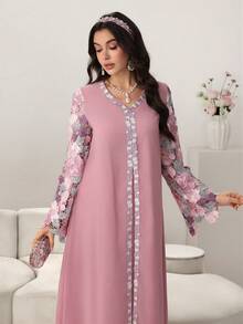 Al Najma V-Neck Lace Patchwork Long Dress, Middle Eastern Style Maxi Gown