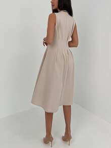 Aloruh Sleeveless Gathered Shoulder Ruched Waist Flared Hem Minimalist Commuter Dress - Khaki - View 2