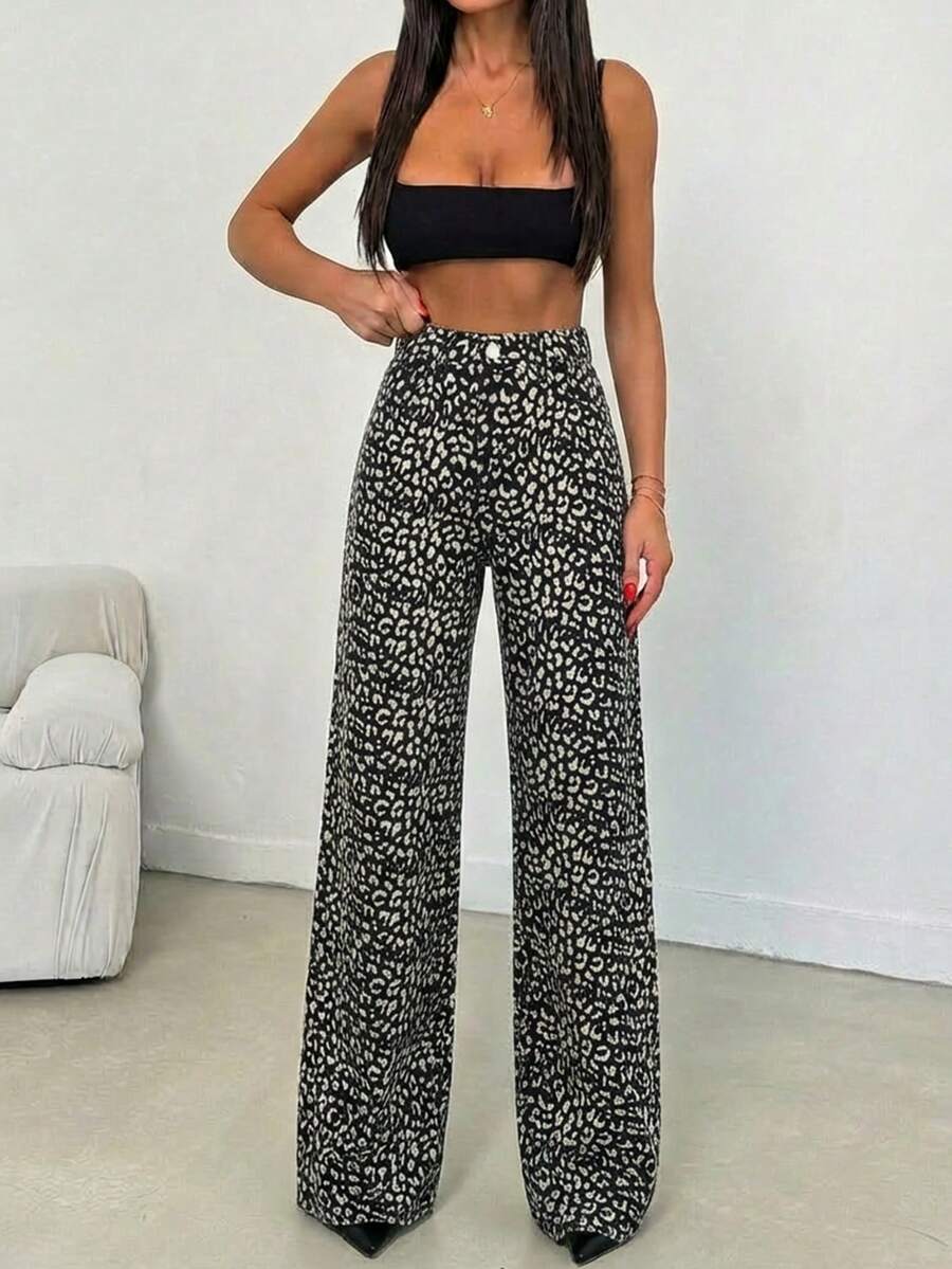 SHEIN Tall Pantalón vaquero de tiro medio y corte ancho de leopardo 100% algodón para personas altas - Multicolor - Ver 1