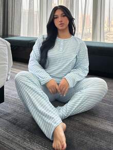 Dazy Plus 两件套休闲条纹宽松长袖上衣和长裤睡衣套装，舒适家居服 - 藍色 - 查看 5