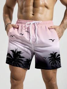 Manfinity Swimmode Men's Ombre Drawstring Waist Casual Beach Shorts - Pink - View 3