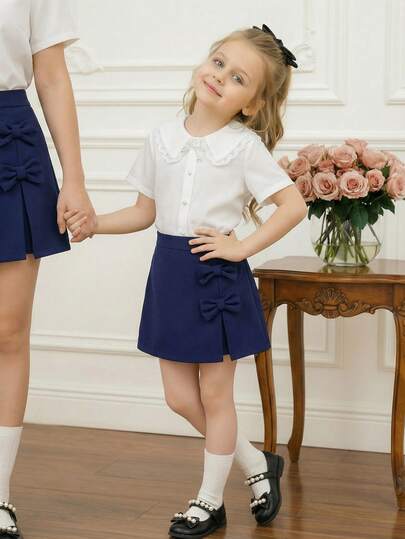 PrepCrw 1件装 少女优雅都市休闲学院风珍珠蝴蝶结装饰白色超大翻领短袖衬衫，适合返校、休闲外出、旅行、聚会、节日、春夏穿着