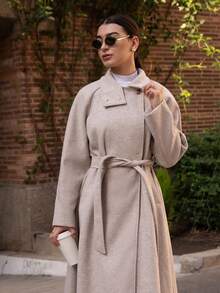 Andrea Bello Autumn And Winter Women's Casual High-Neck Button Belt Long Woolen Coat, Old Money Style Women's Clothing/Women's Office Wear/Outing Wear, Women's Autumn Clothing - Apricot - View 5