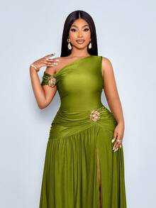 SOLERSUN 加大码不对称领口上衣和开衩大腿裙 - 綠色 - 查看 5