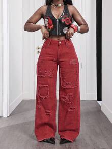 Slaydiva Jeans anchos de mujer con lavado, deshilachados y rotos de estilo casual - Rojo - Ver 7