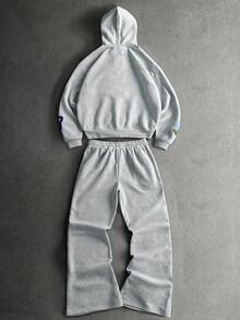 PAVTROS 男士花卉蝴蝶刺绣口袋拉链连帽衫和运动裤休闲套装，秋冬款 - 灰色 - 查看 4