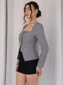 Andrea Bello Unique Neckline Design Single-Breasted Suit Jacket For Women In Autumn And Winter, Suitable For Commuting, Autumn, Casual Commuting Suit Jacket, Versatile Item, Gray Suit Jacket.,Fall - Grey - View 4