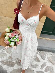 Serisse Đầm nữ dáng lửng ren thêu họa tiết, kiểu dáng thường ngày. - Màu Hồng baby - Xem 5