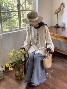 FRIFUL Women's Contrast Texture Fabric Contrast Button Design Loose Casual Versatile Shirt - Grey - View 7