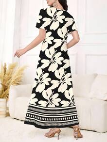 Al Najma 女士优雅V领短袖印花针织连衣裙，可作外衣或内搭/工作服穿着，适合约会、度假、日常穿着、休闲、派对、节日等场合，秋冬季女士长裙，飘逸连衣裙，植物印花连衣裙，黑色连衣裙 - 黑色 - 查看 2