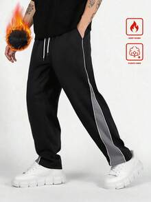 Manfinity Hypemode 男士撞色抽绳腰带保暖内衬休闲宽松运动裤，秋冬男士阔腿侧条纹健身裤，男士宽松直筒休闲裤，男士宽松版型裤 - 黑色 - 查看 4