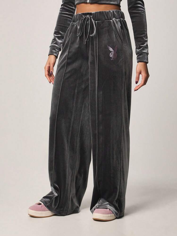 Missguided x Playboy Wide Leg Velvet Drawstring Sweatpants With Rhinestone Logo Detail And Elastic Waistband Casual Lounge Pants
