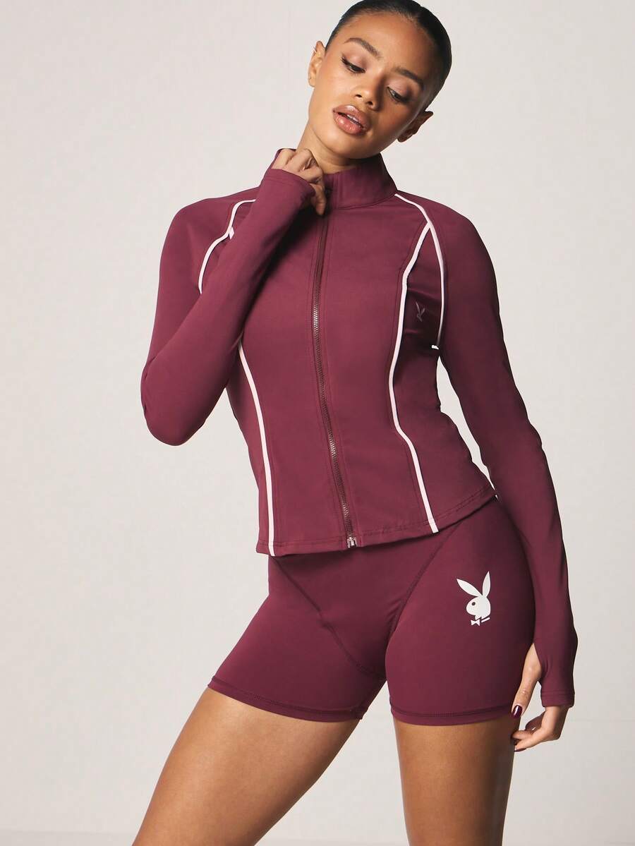 Missguided x Playboy High Waisted Athletic Shorts With Logo Detail For Activewear Training Fitness - Burgundy - View 1