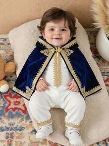 SHEIN 2pcs/Set Newborn Baby Boy/Girl Elegant Luxury White Satin Long Sleeve Romper & Navy Velvet Hooded Cape Outfit, Gold Trim Vintage Traditional Style Suitable For Indoor, Outdoor, Daily,  Party, Photo Shoot, Ceremony, Baby Shower, All Seasons,رمضان,الملابس التقليدية العربية Blue Vintage Baby Boy Outfit Baby New Year Clothes Baby Boy Vintage Outfit - Blue - View 3