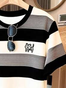 Resyla Striped Placement Print, Tiger Embroidery Design Minimalist Fashion Women Long Dress, Gift For Friend - Multicolor - View 3