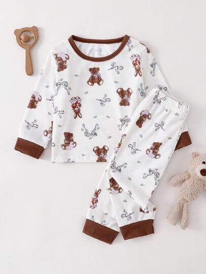 2pcs Baby Girls Cute Cartoon Bear & Floral Print Loose Comfortable Long Sleeve Top And Pants Homewear Set