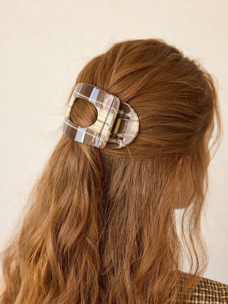 MOTF PREMIUM BROWN OVAL HOLLOW DUCK BILL HAIR CLIP - brown plaid - View 2