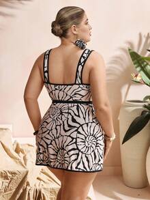 Swim Oasis Bộ đồ bơi liền thân in họa tiết trừu tượng bất đối xứng dành cho nữ cỡ lớn, kèm váy sarong, thích hợp cho kỳ nghỉ biển. - Nhiều màu - Xem 2