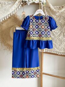 SHEIN Young Girl Round Neck Puff Sleeve Vintage Color Block Ruffle Hem T-Shirt Set Girls Two Piece Suit - Royal Blue - View 8