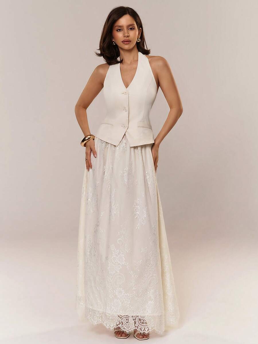 Aloruh Romantic Date/Commute/Office Outfit: Halter Backless Blouse + A-Line Long Lace Skirt - White - View 1
