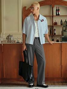 SWAVVY Quần tây nam thời trang thường ngày kẻ sọc - Màu Xám nhạt - Xem 5