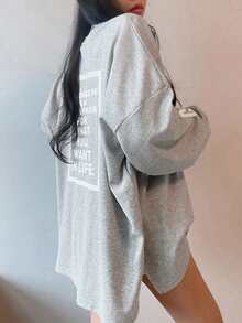 DAZY 女士标语印花落肩长袖T恤，秋季服装图案T恤 - 灰色 - 查看 5