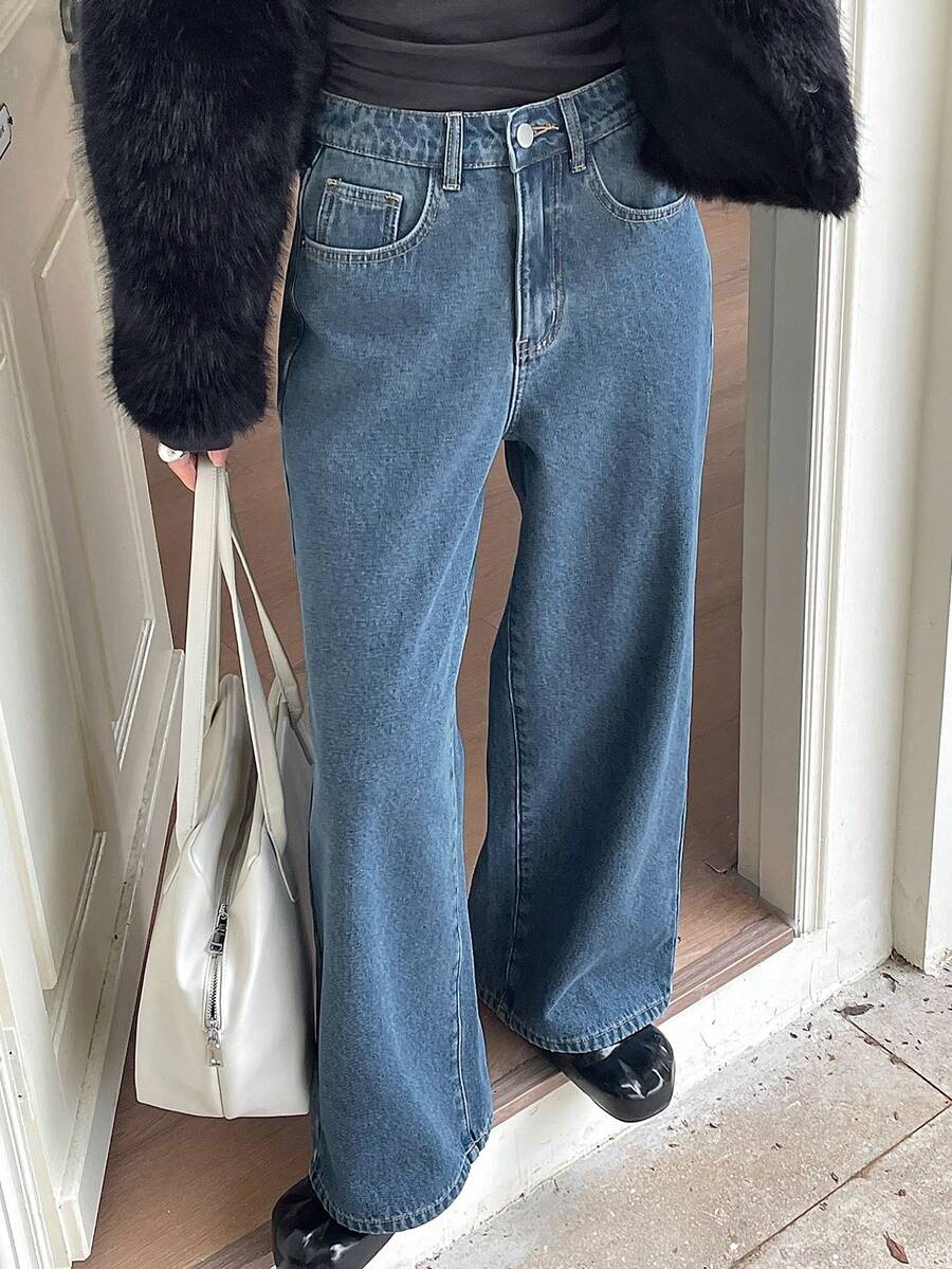 DAZY Quần jeans ống rộng cạp cao lót giữ nhiệt, màu đen, dáng suông dành cho nữ, thích hợp cho mùa thu/đông. - Rửa trung bình - Xem 1