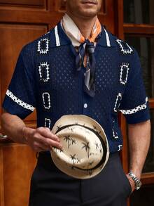 Manfinity RSRT 男士夏季度假休闲镂空针织上衣 男士钩针衬衫 男士蕾丝衬衫 波西米亚风男士衬衫 开襟针织衬衫 男士复古衬衫 - 寶藍色 - 查看 6