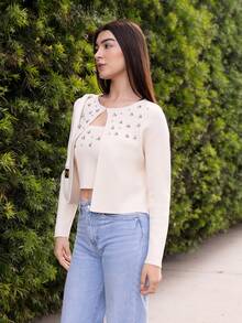 Andrea Bello 珠饰水钻针织开衫 - 杏色 - 查看 5