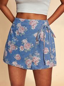 Travachic Váy quần denim xanh dương dành cho nữ với họa tiết hoa, mẫu mới cho kỳ nghỉ xuân. - Rửa trung bình - Xem 5