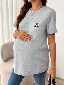 SHEIN 孕妇休闲樱桃刺绣短袖T恤，夏季 - 灰色 - 查看 4