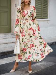 Louniche Robe élégante de mode pour femmes, décontractée et confortable, charmeuse, rétro et romantique. Manches longues, col carré, taille cintrée, dos froncé, imprimé floral, ourlet évasé (imprimé floral aléatoire) - Rouge - Voir 3