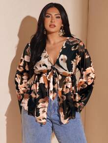 SHEIN BAE 大码女式花卉印花网眼喇叭袖上衣，春夏 - 卡其色 - 查看 5