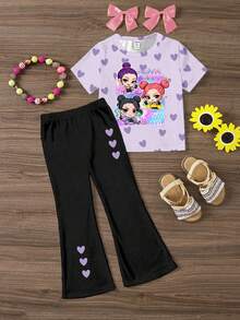 Spring And Summer Young Girls Casual Fashion Creative Personalized Refreshing Minimalist Cool Virtual Girl Group Colorful Pentagram Purple Heart Graphic Letter Slogan Print Casual Short T-Shirt And Flared Pants Set, Comfortable Daily Wear, Cozy Summer And Fall Styles Suitable For Spring, Summer, Autumn 2 Pc Girls Pants And Tops 11 Years Old Clothes For School Big T Shirt And Pants For Girl Flare Pants Set Kids - Multicolor - View 3