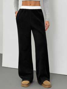 SHEIN Tall 女士秋冬外出极简日常基本款复古街头风节日黑色保暖抓绒直筒裤 Y2K - 黑與白 - 查看 1