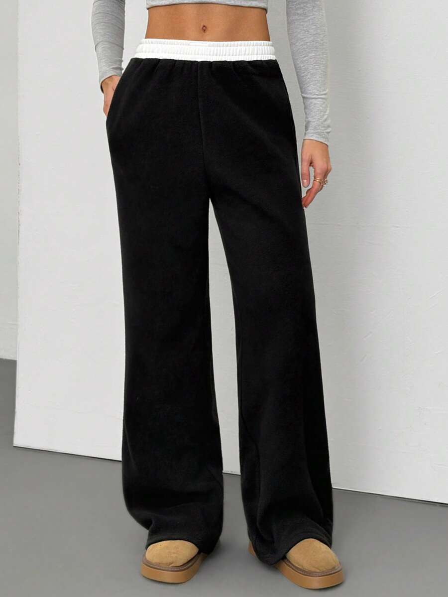 SHEIN Tall 女士秋冬外出极简日常基本款复古街头风节日黑色保暖抓绒直筒裤 Y2K - 黑與白 - 查看 1