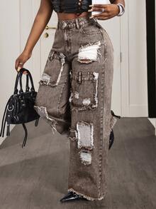 Slaydiva Women's Distressed Slant Pocket Casual Versatile Wide Leg Jeans