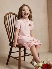PrepCrw 女童荷叶边下摆 Polo 领泡泡袖连衣裙 - 粉色 - 查看 1