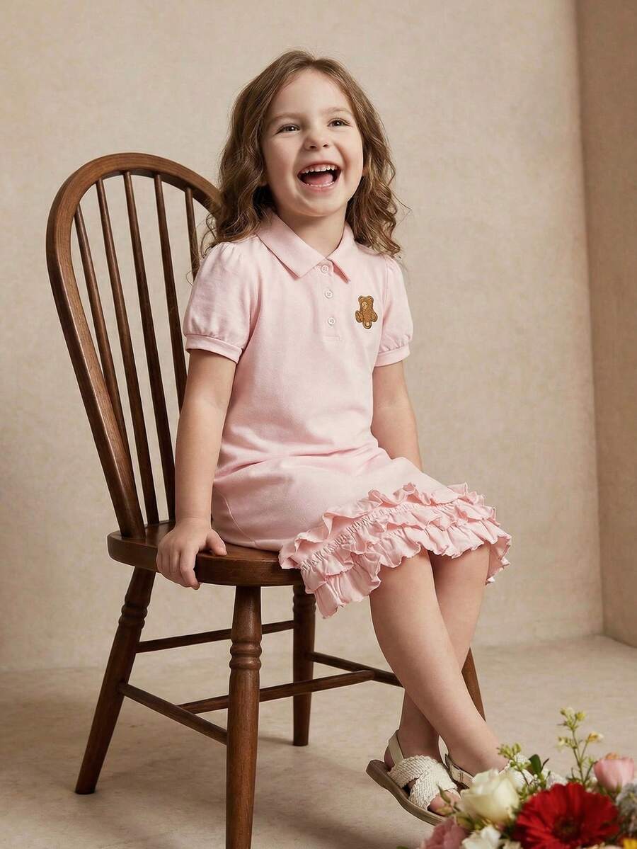 PrepCrw 女童荷叶边下摆 Polo 领泡泡袖连衣裙 - 粉色 - 查看 1