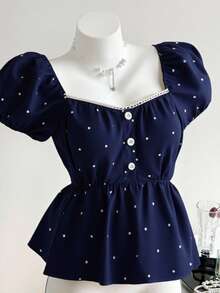 Camisa de punto con botones, cuello de volantes, escote en U, ajustada, estampado de lunares, versátil y casual para uso diario y en el hogar para adolescentes - Azul - Ver 3