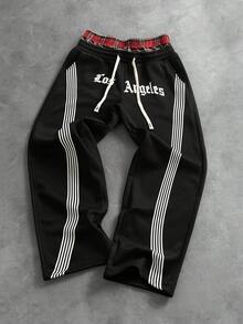 PAVTROS Men's Loose Fit Striped & Letter Print Pants - Black - View 1